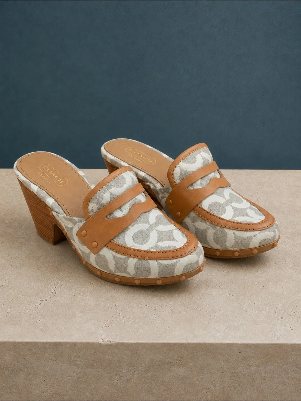 Coach Tan & Cream Signature Canvas Clog Heels Size 6.5
